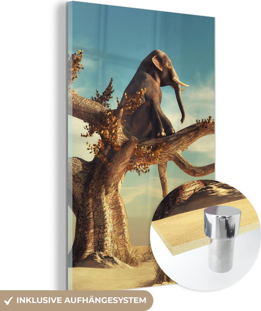 MuchoWow Glasbilder - Bilder auf Wandbild - Foto auf Glas Elefant - Baum - Natur - Wüste 20x30 cm Wanddekoration aus Glas - Acrylglasbild - Acrylb...