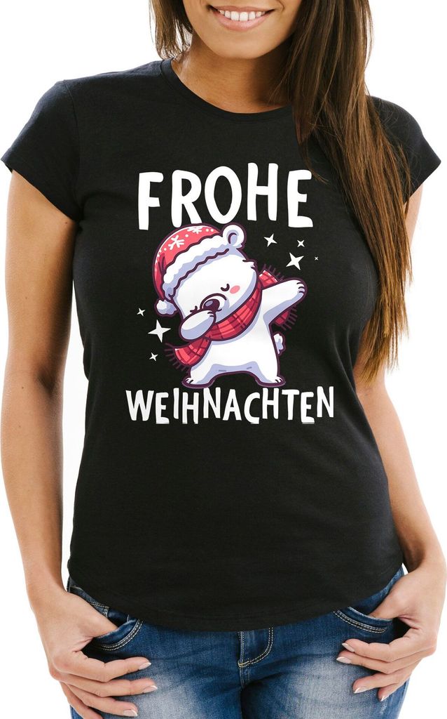 Damen T-Shirt Frohe Weihnachten Lustig Weihnachtsshirt Dabbing Weihnachtsmotiv Frauen Fun-Shirt Moonworks Eisbär Dab schwarz S