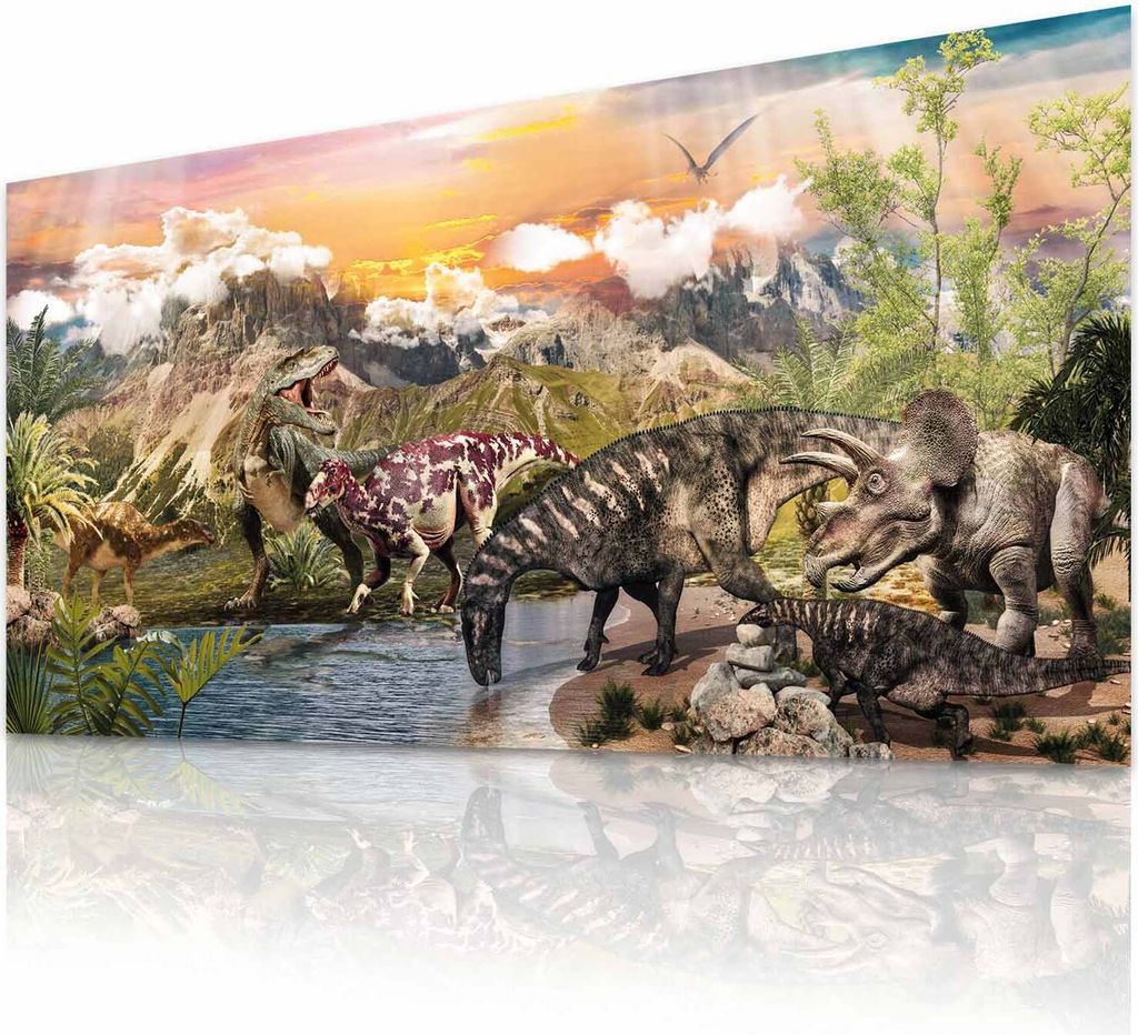 Premium Poster Dinosaurier am See | 90x45 cm Querformat Wandbild | 250 g/m² Papier laminiert | Deko für Kinderzimmer & Dino-Fans