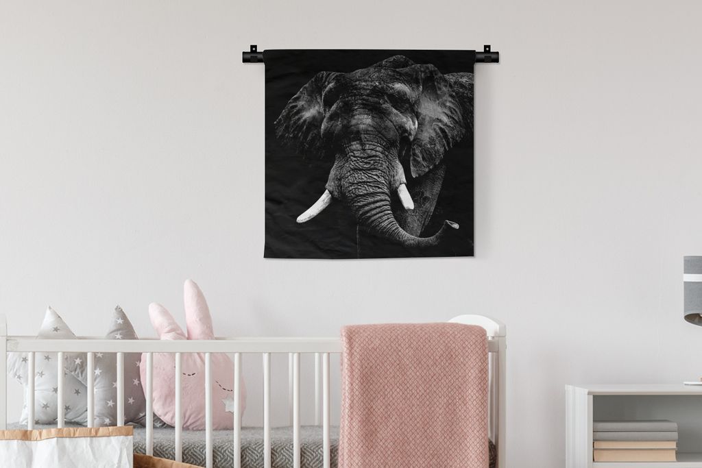 MuchoWow Wandteppich Wandbehang Elefant - Tiere - Zähne - Schwarz - Weiß 60x60 cm Tapisserie Dekoration Wandtuch - Dekorationen - Wand Decke