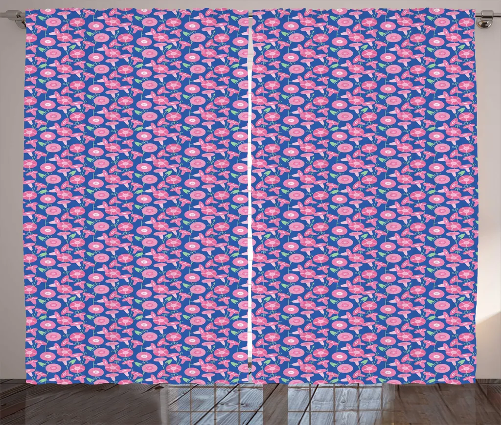Rideau Floral avec Boucles et Crochets 280x225 cm Violet Bleu et Rose