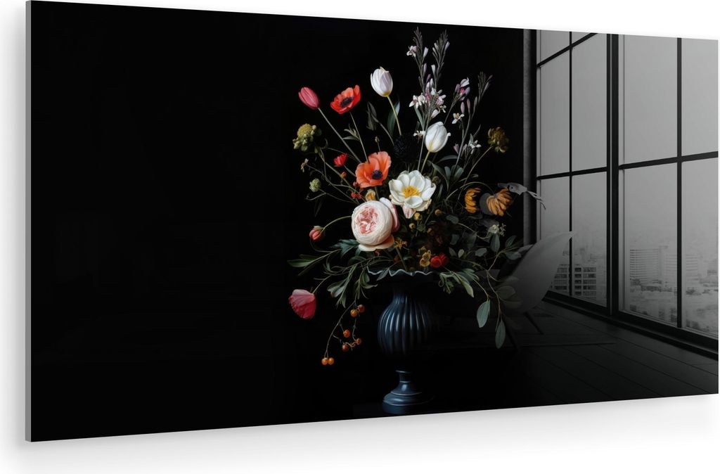 MuchoWow Glasbilder - Bilder auf Wandbild - Foto auf Glas Blumenarrangement - Vase - Schwarz 120x60 cm Wanddekoration aus Glas - Acrylglasbild - Ac...