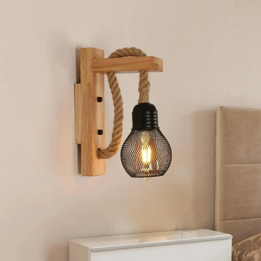 Luminaire Mural Intérieur Noir et Bois pour Ampoule E27 Design Moderne