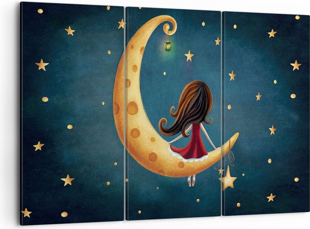 Bild auf Leinwand - Leinwandbild - 3 Teile - Kinder Mädchen Mond - 105x70cm - Wand Bild - Wanddeko - Wandbilder - Leinwanddruck - Bilder - Wanddek...
