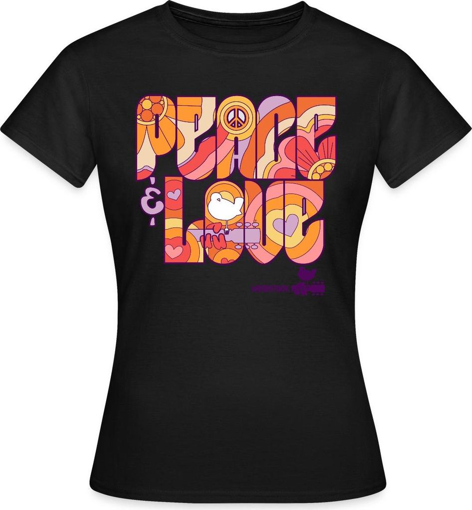 Spreadshirt Woodstock Peace Love Hippie Design Frauen T-Shirt, XXL, Schwarz