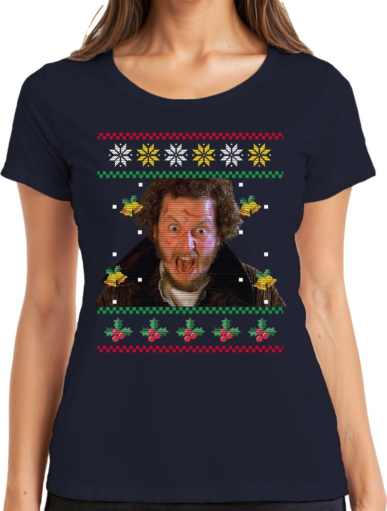 Marv Kevin Allein Zuhause - Weihnachtsgeschenk Ugly Christmas Sweater Weihnachten Damen T-Shirt, Navy, S