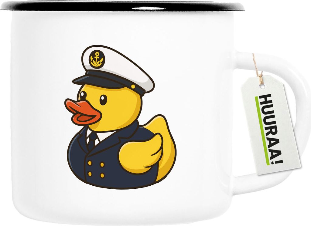 Huuraa Emaille Tasse Quietscheente Kapitän Gummiente Seefahrer 300ml Vintage Campingbecher Geschenkidee