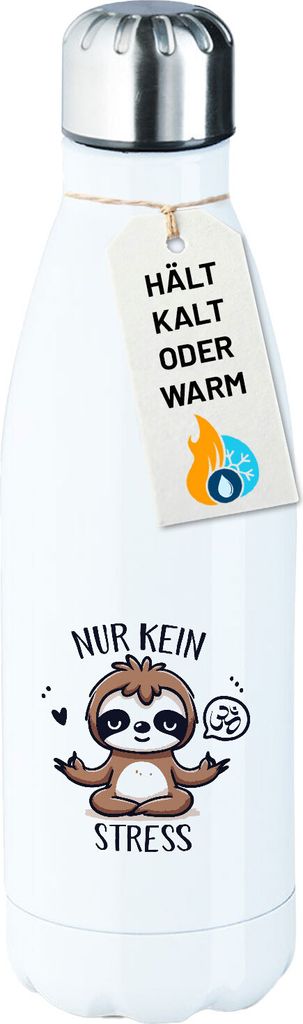 Huuraa Trinkflasche Nur keinen Stress Yoga Faultier 500ml White Edelstahl Wasserflasche Trinkflasche Geschenkidee