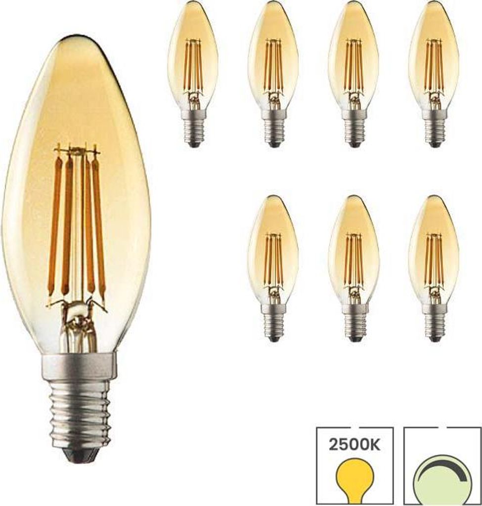 8-er Set LED-Kerzenglühbirnen E14 | 4 Watt dimmbar | 2500K warmweiß | Rustikale Ausführung | Glühfaden | Lybardo