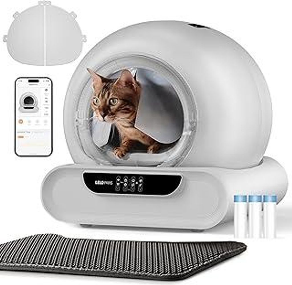Selbstreinigende Katzentoilette, 74L Katzenklo Selbstreinigend mit Türvorhang, Müllbeutel, Matte, APP Steuerung, Desodorieren, Sicher, Elektrisch...