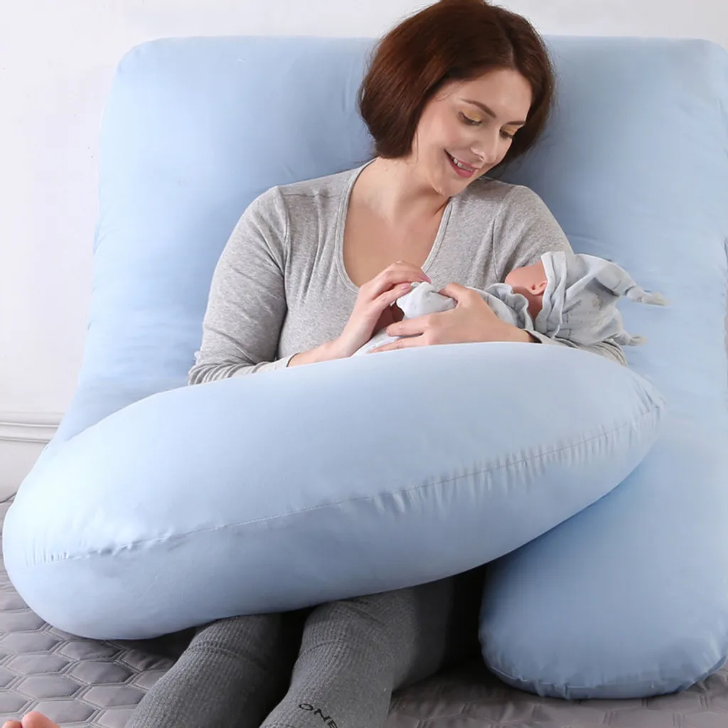 Coussin de maternité grand format bleu pour dormir sur le côté en J - 6