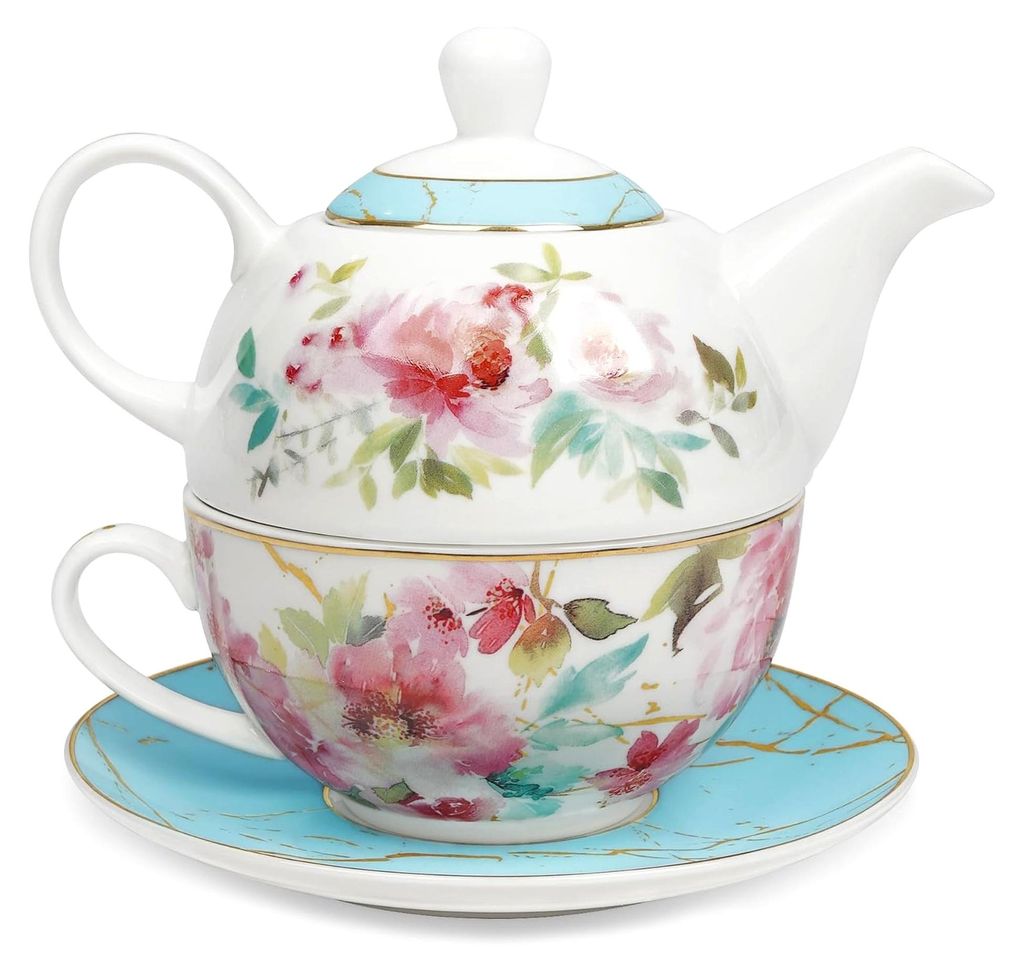 Rosa Geblümt Tea for One Set, Teetasse und Untertasse mit Goldrand, Porzellan Set für Geschenke, Blau
