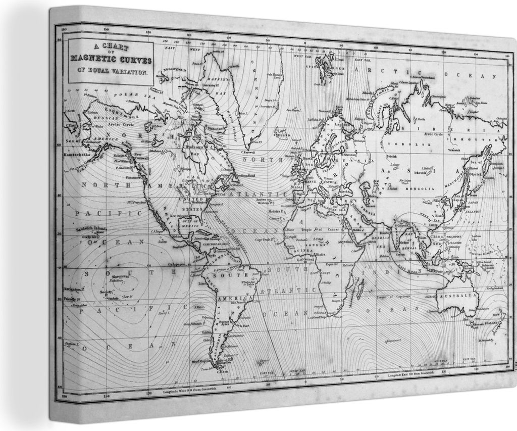 OneMillionCanvasses - Leinwandbilder - 140x90 cm, Weltkarte mit grauer Tönung - schwarz und weiß, Wandbilder Kunstdruck Wanddekoration
