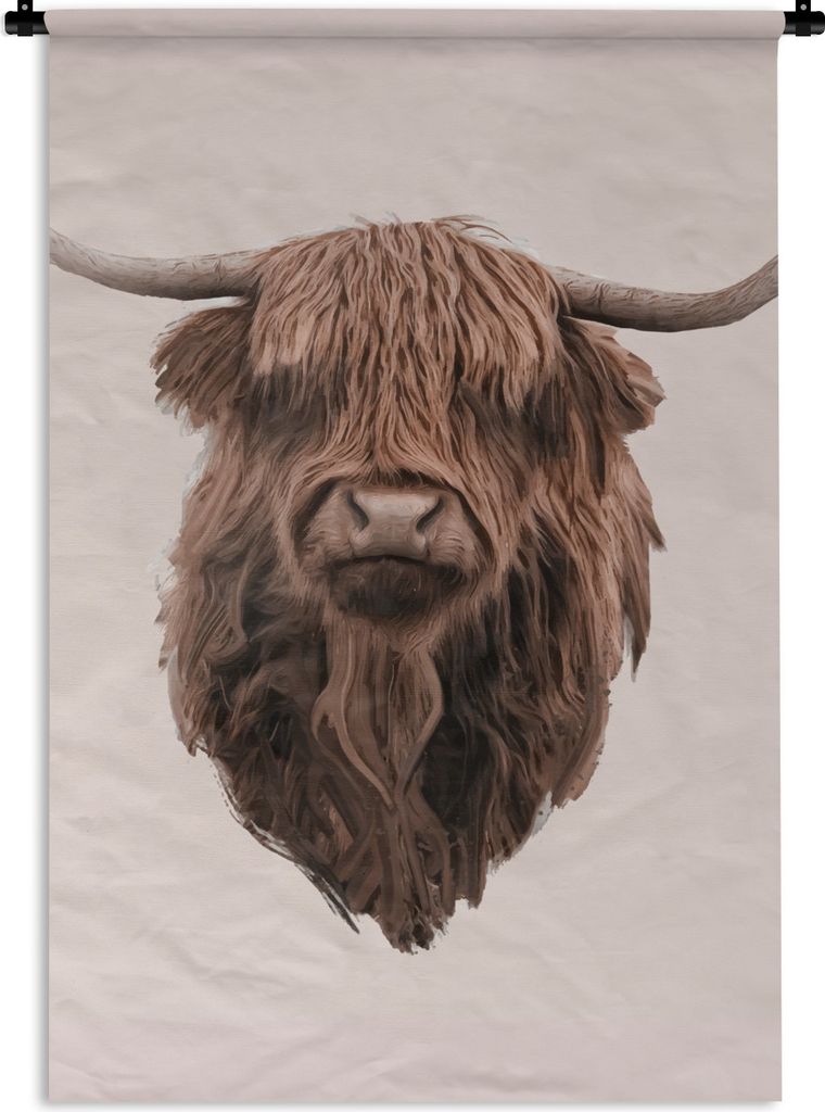 MuchoWow Wandteppich Wandbehang Kopf - Schottischer Highlander - Illustration 60x90 cm Tapisserie Dekoration Wandtuch - Foto-Teppich - Abwaschbar