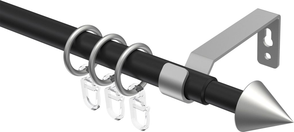 Interdeco Gardinenstange ausziehbar / Teleskop-Vorhangstange Schwarz / Silbergrau, Typ Hera Cone (Kegel), 16/13 mm Ø 1-läufig, 130-240 cm ausziehbar