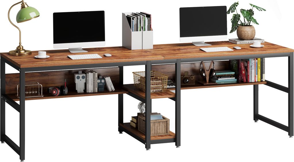 A two-person desk with shelves, computer monitors, a lamp, and decorative items.
