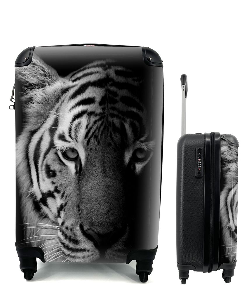 MuchoWow Koffer Handgepäck Trolley Rollkoffer Kleine Reisekoffer mit 4 Rollen - Tiger - Tiere - Wild - Schwarz - Weiß - Cabin Size < 55x40x23 c...