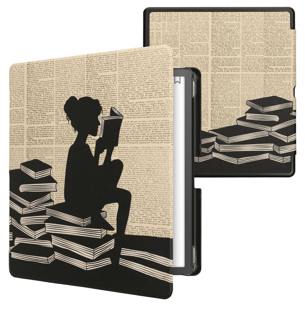 kwmobile Schutzhülle für Amazon Kindle Scribe (2022/2024) Hülle - eReader Flip Case mit Auto Sleep Funktion - Lesende Frau mit Schwarz Beige