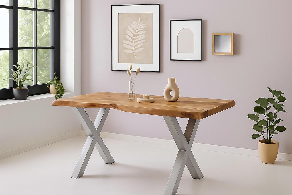 Esstisch Baumkante Akazie massiv 50mm Natur 180 x 90 cm X-Gestell silber CALI