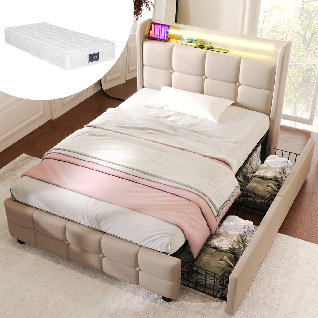 MODFU Polsterbetten 90 x 200 cm, Funktionsbett Einzelbett mit aufladen USB Ladefunktion LED-Beleuchtung und 2 Schubladen(Mit Matratze),Beige