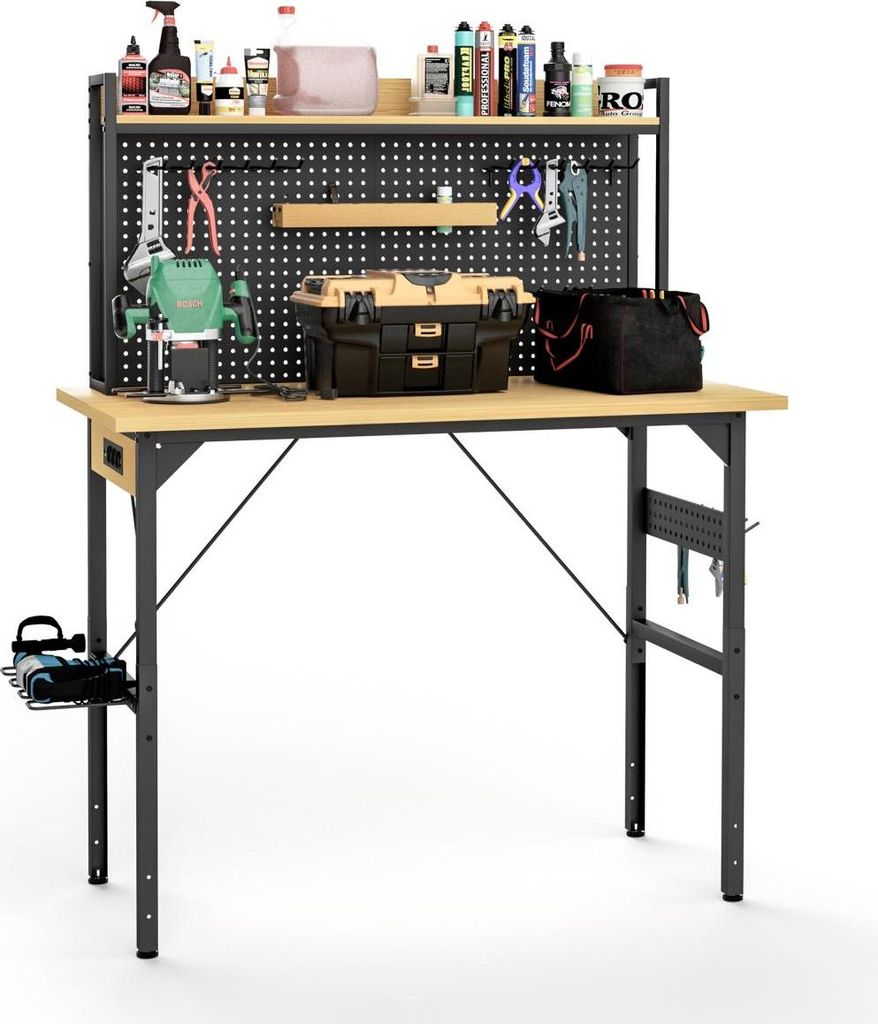 Werkbank Natur/Schwarz 120x60x125,5–155,5 cm höhenverstellbar, bis 700 kg belastbar, mit Steckdosen, Rollen & Werkzeugwand