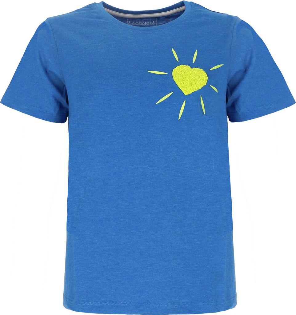 Wattlöper Damen T-Shirt mit Frottee-Herz auf der Brust - Kurzarm-Shirt mit geradem Schnitt in Hellblau Größe S