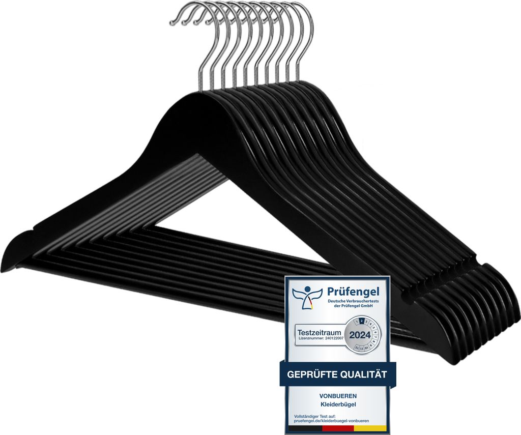 VonBueren 10 x Kleiderbügel Holz schwarz | 44,5 x 22 cm je Bügel/Holzbügel | Holzkleiderbügel schwarz | 360 Grad drehbar