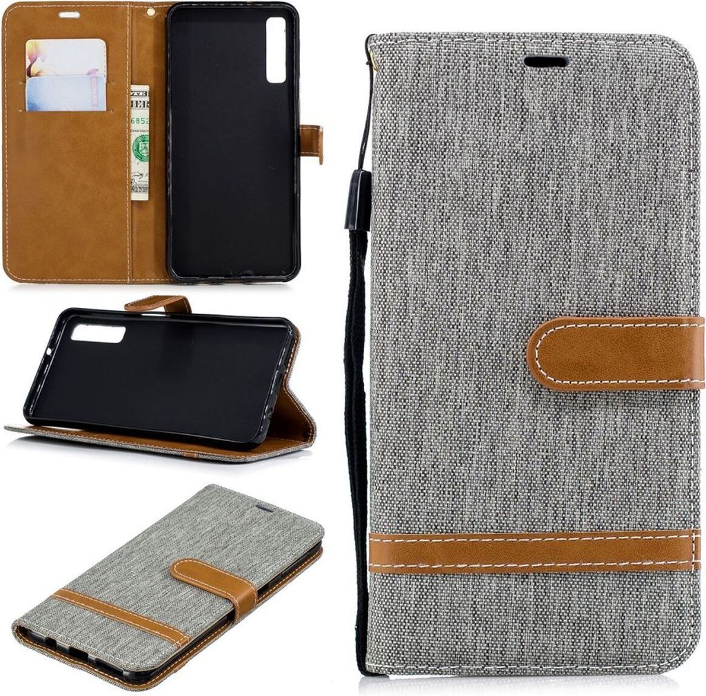 Tasche für Samsung Galaxy A7 2018 Jeans Cover Handy Schutz Hülle Case Grau