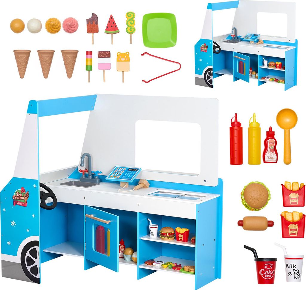 SucceBuy Eiswagen aus Holz für Kinder, inklusive über 20 Zubehörteile, ausgestattet mit Lenkrad, Tafel, Scanner, Gefrierschrank, Wasserhahn und ...