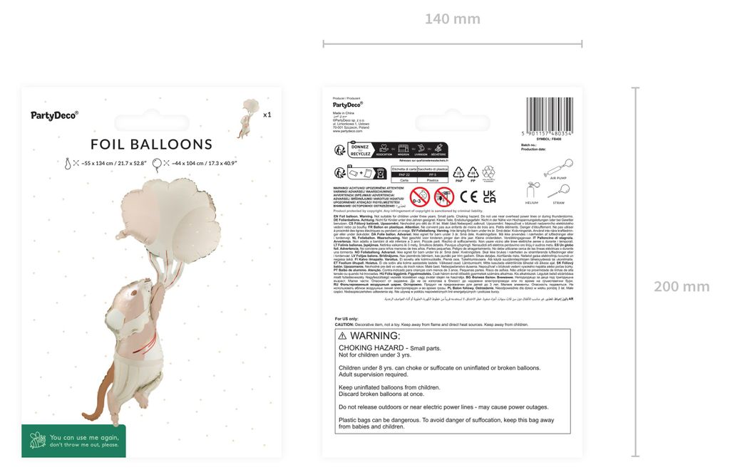 Folienballon Maus mit Luftballons 44x104 cm Beige / Hellbraun