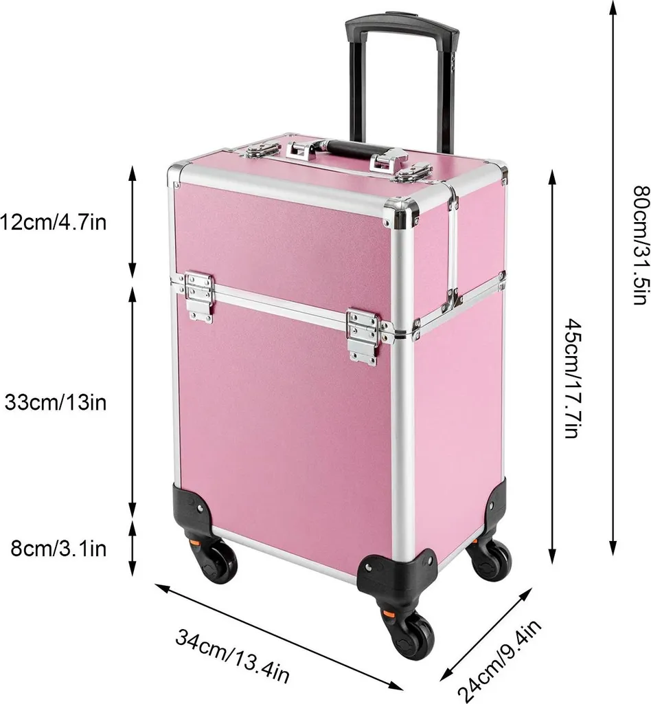 Trolley de maquillage rose rigide multi-compartiments à roues 360°