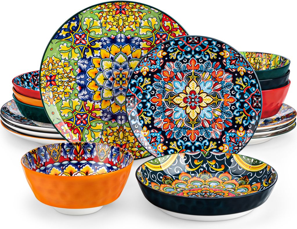 Tafelservice 4 Personen, 16-tlg Kombiservice aus Porzellan, Geschirr-Set mit Speiseteller, Dessertteller, Suppenteller und Schalen, böhmischer Stil