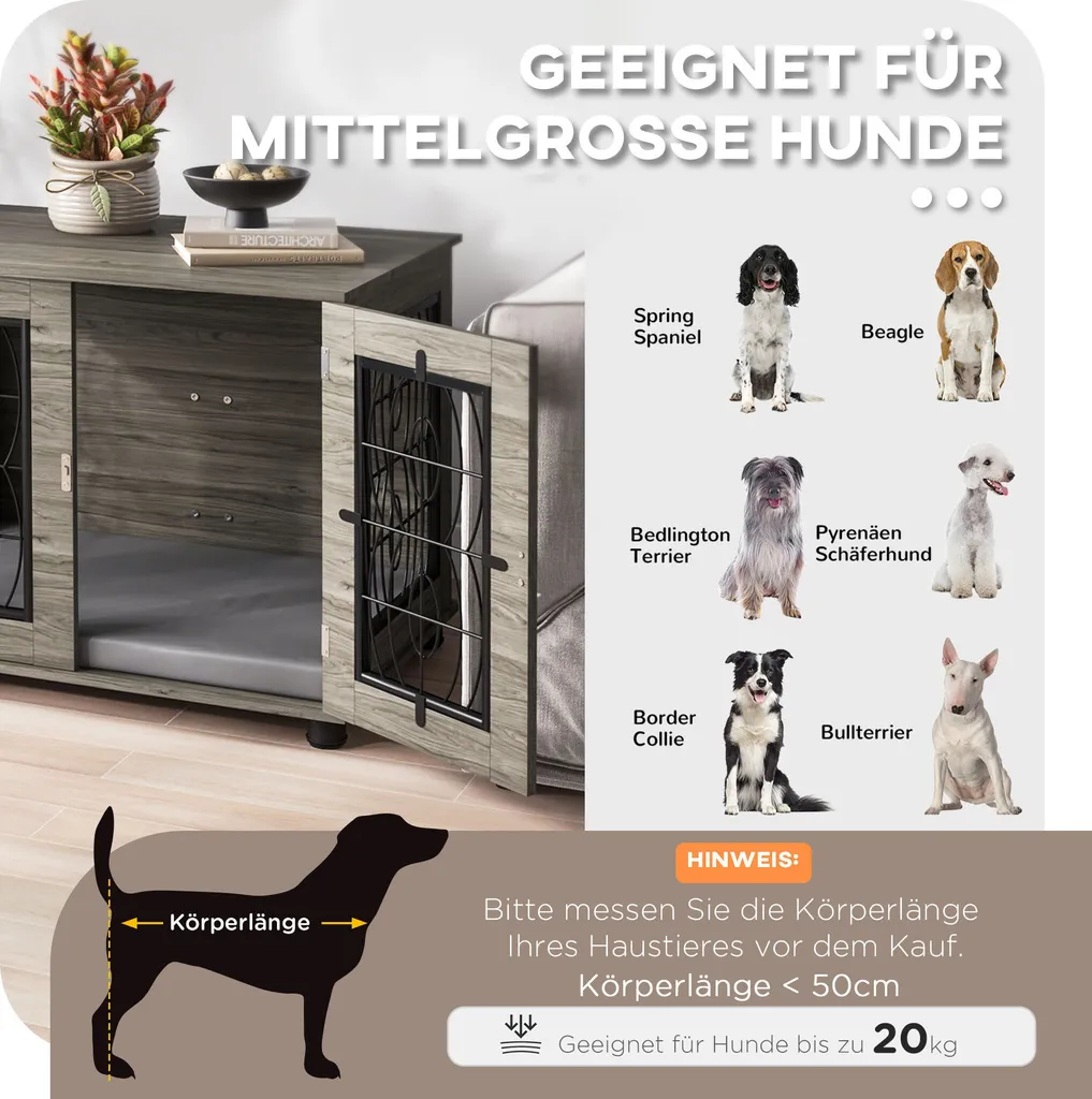 PawHut cassa per cani per casa, casetta per cani con cuscino, porta d'ingresso con serratura, cuccia per cani da interno con ventilazione in rete metallica per cani di taglia media fino a 20 kg, grigio, 80 x 56 x 63 cm - 4