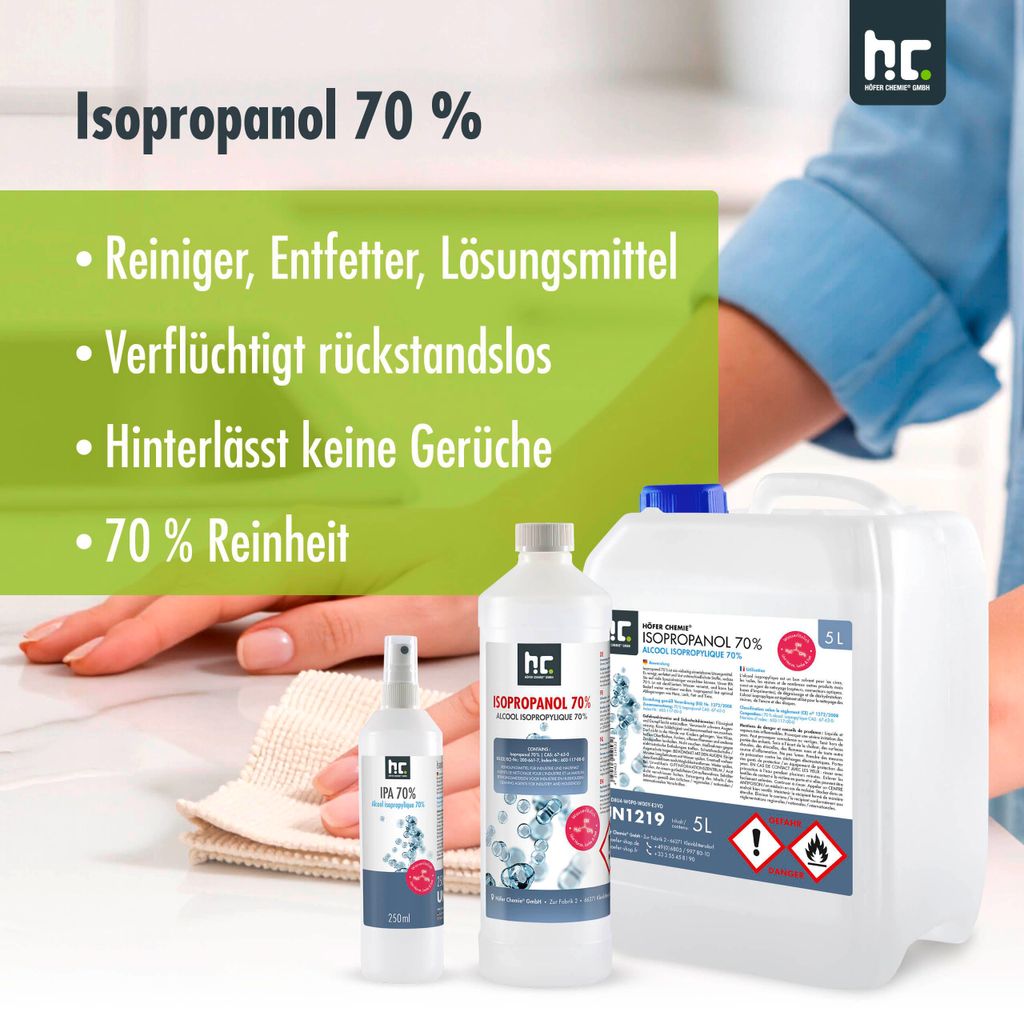 5 L Isopropanol 70% befreit Oberflächen von Verschmutzungen, als Lösungsmittel für Fette, Harze, Lacke, Tinte