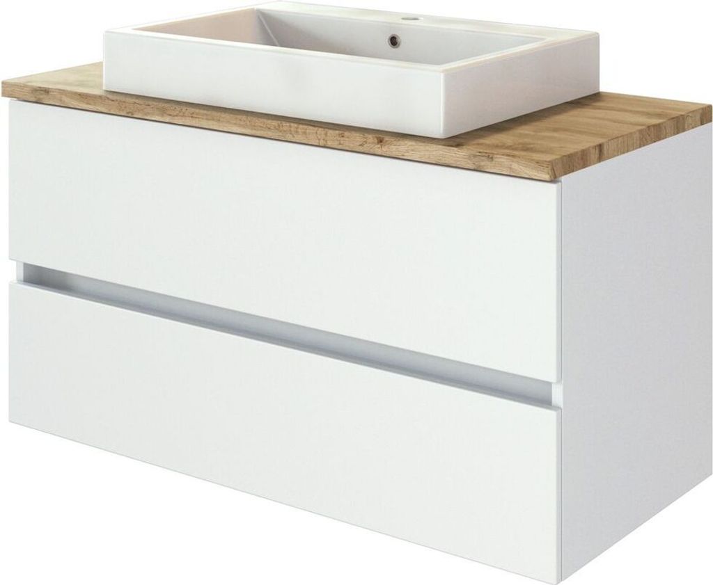 Waschtisch-Unterschrank 100 cm inkl. Keramik-Aufsatzbecken PESARO-03 in matt weiß mit Absetzung in Wotaneiche Nb., B/H/T: ca. 100/63/48 cm