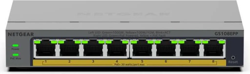 Switch intelligent Netgear GS108EPP avec forte puissance PoE+ intégrée