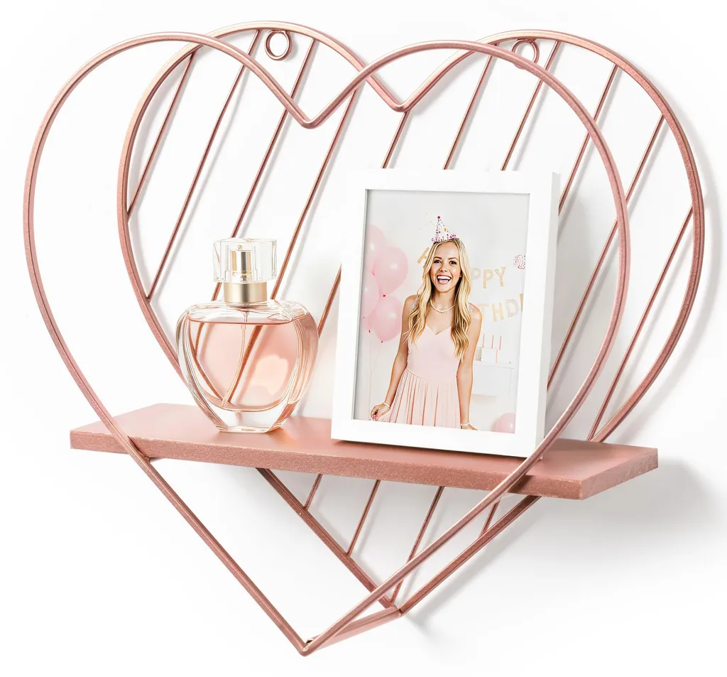 Étagère murale cœur en métal doré rose, décoration originale 30x30cm