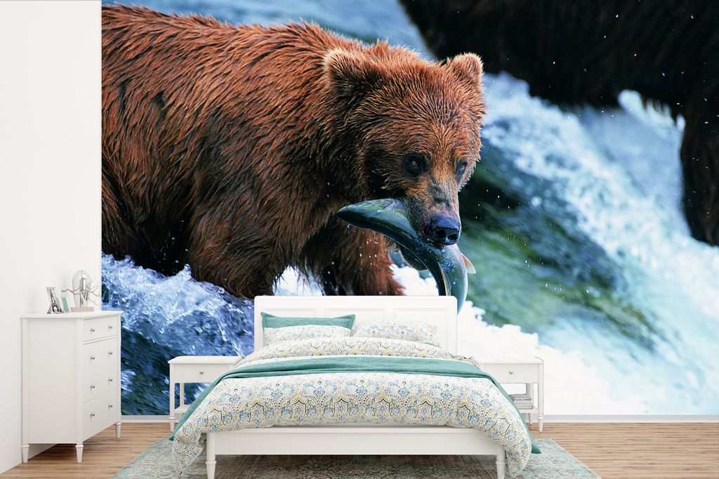 MuchoWow Fototapete für Wohnzimmer oder Schlafzimmer Wandtapete Vinyl Motivtapete Bär mit Fisch im Maul - 600x400 cm - Vinyltapeten