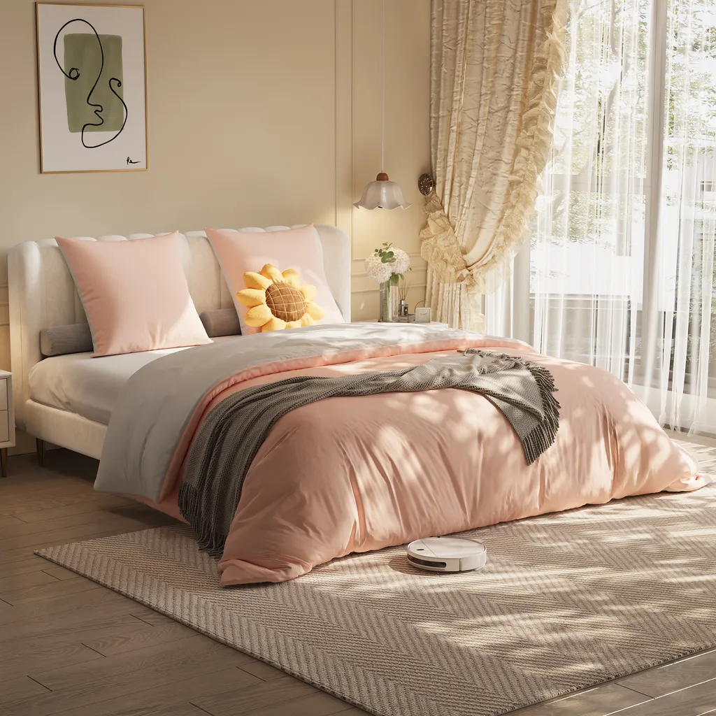 Completo Letto Matrimoniale 155x220 Rosa e Grigio Microfibra