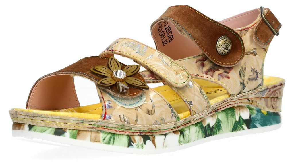 Laura Vita Damen Sandale drei Riemen aus Leder mit Blumenmuster Brcuelo 06, Größe:37 EU, Farbe:Braun
