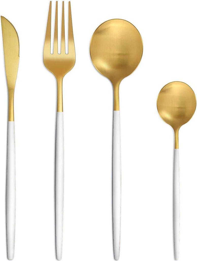 Besteckset für 6 Personen, 24-teiliges Besteckset, mit Weiß, Gold, Essbesteck, Set mit Messer, Gabel, Löffel, hochwertige rostfreie Edelstahlbes...