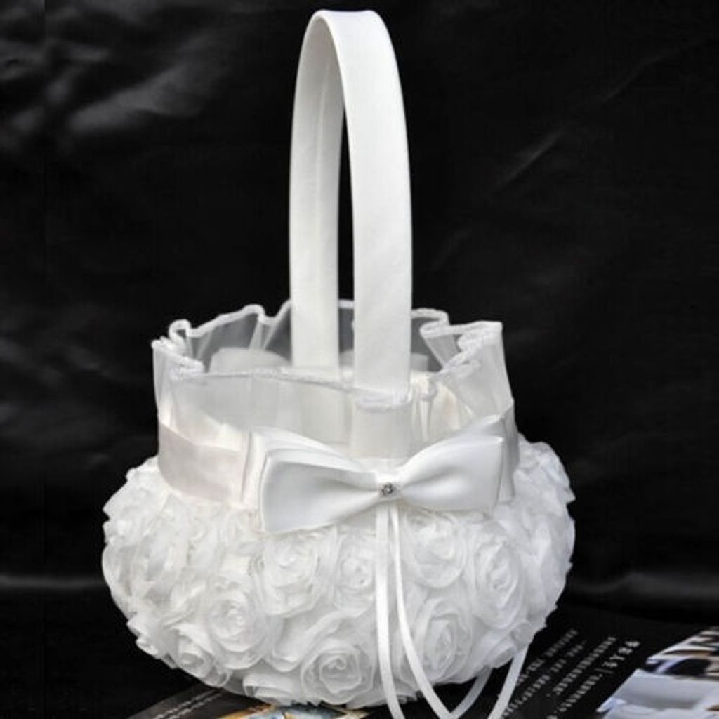 Romantische Rose Liebe Bowknot Satin Hochzeit Zeremonie Party Blumenmädchenkorb Korb