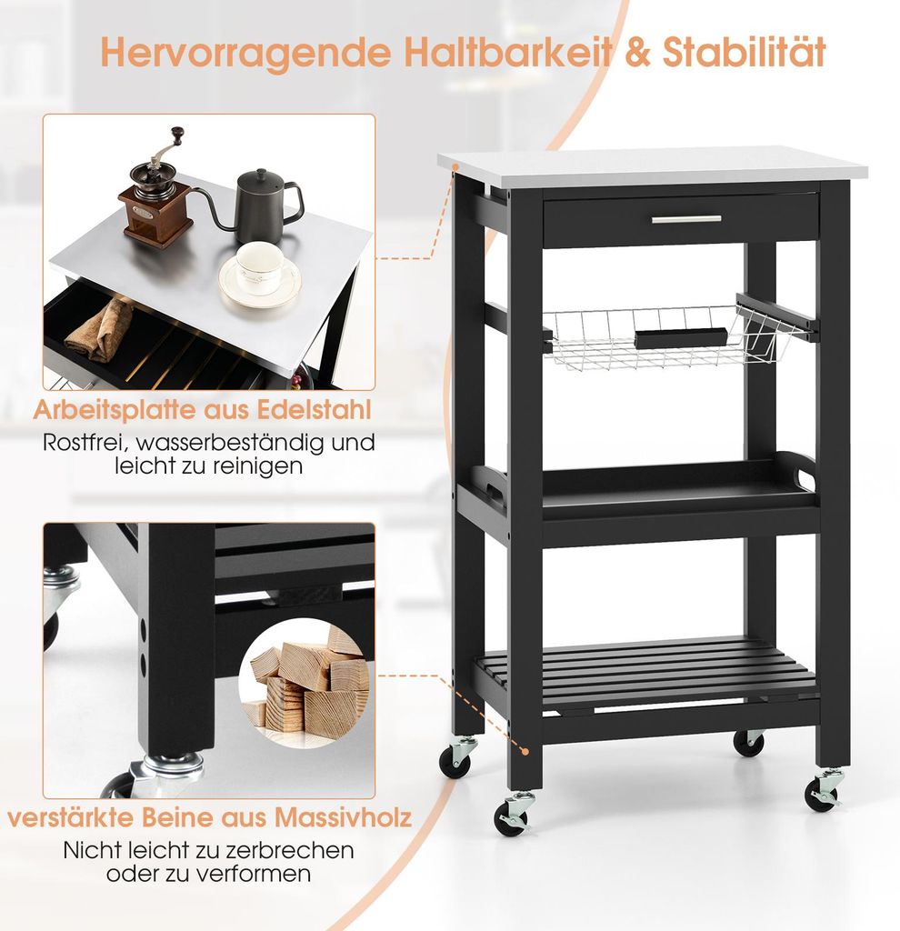 Küchenwagen Servierwagen mit 3 Ebenen Metallkorb Holzplatte (Neu und