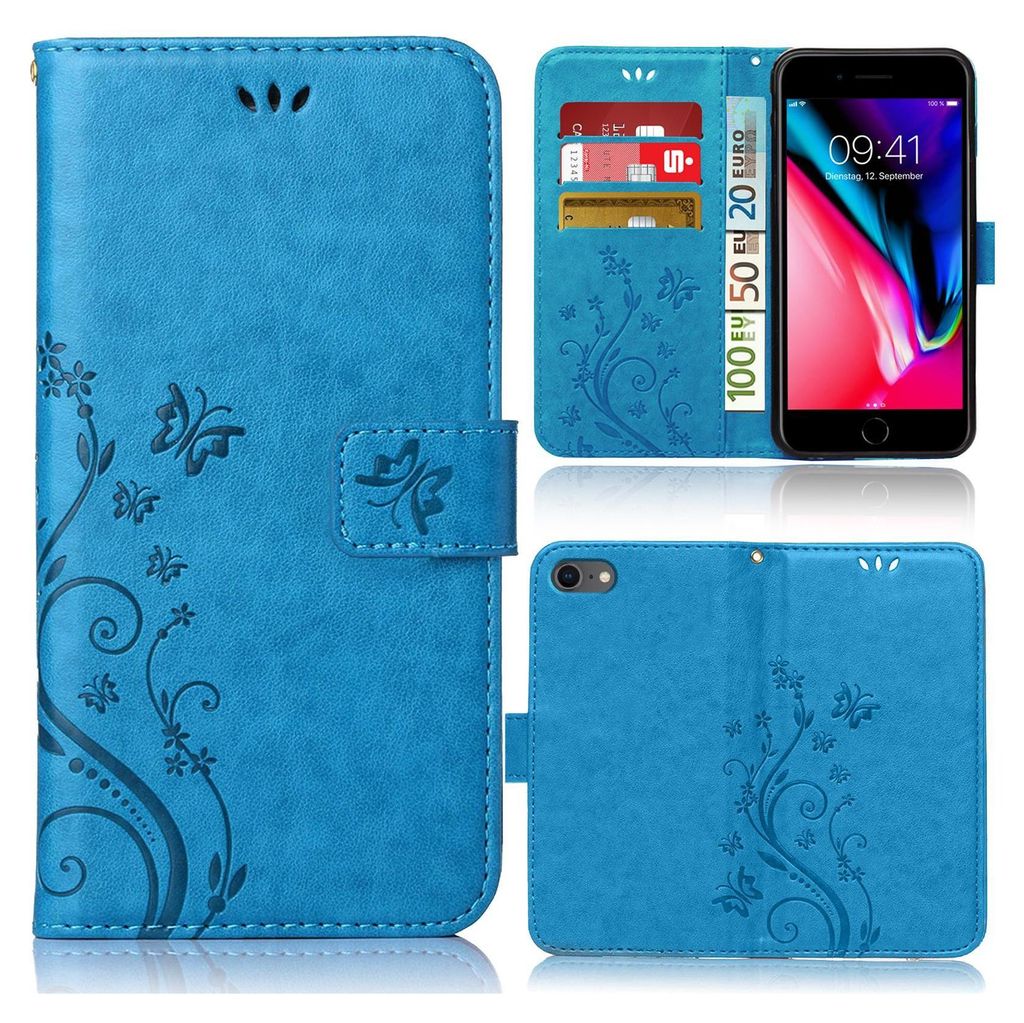 A collage of images showing a blue book-style phone case with a floral and butterfly design, including a view of the case open with a phone and cards inside, and a view of the back of the case.