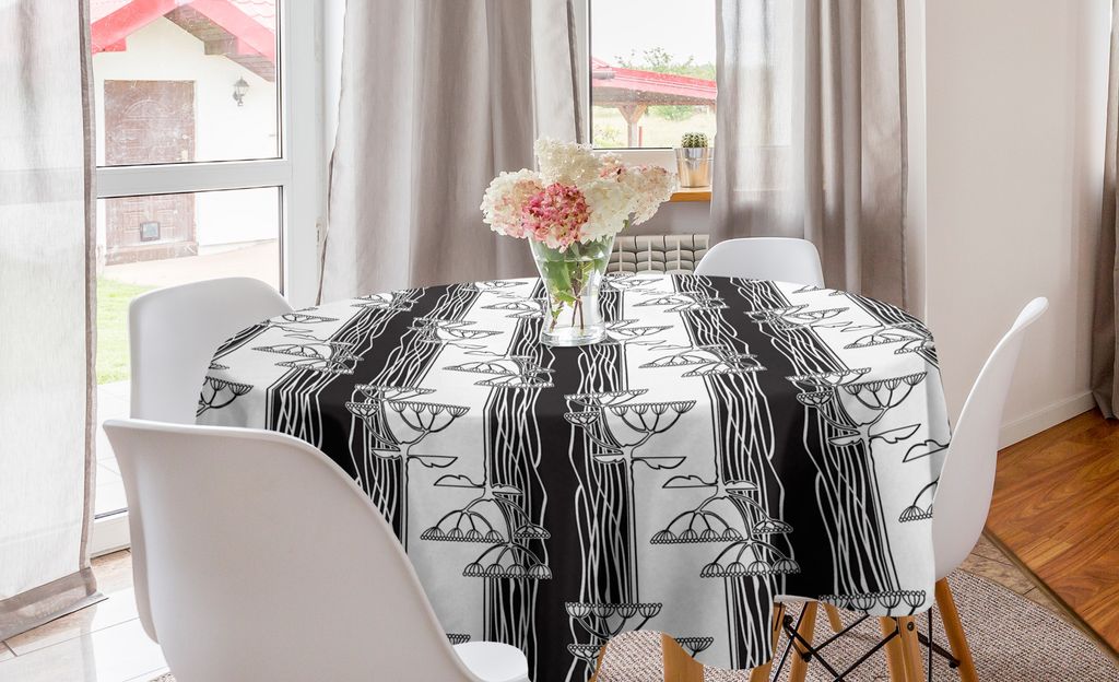 ABAKUHAUS Schwarz und weiß Runde Tischdecke, Abstrakte Pflanzen Kunst, Kreis Tischdecke Abdeckung für Esszimmer Küche Dekoration, 150 cm, Schwar...