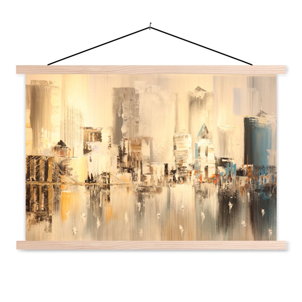 MuchoWow Textilposter Gemälde - Öl - Abstrakt - Skyline 120x80 cm mit holzfarbenen Rahmen - Aufhängeset