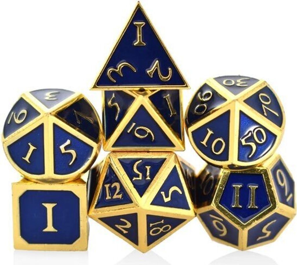 Hilvard - Metall Würfelset, Blau und Gold , D&D Würfelset, DnD Polydice Set, 7-Teilig, polyedrisches Würfel-Set, Inklusive Metallkoffer und Samt...