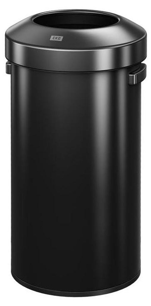 A black cylindrical trash can with a silver lid.