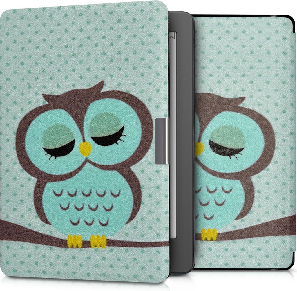 kwmobile Schutzhülle für Kobo Aura Edition 2 Hülle - eReader Flip Case mit Auto Sleep Funktion - Eule Schlaf mit Türkis Braun Mintgrün