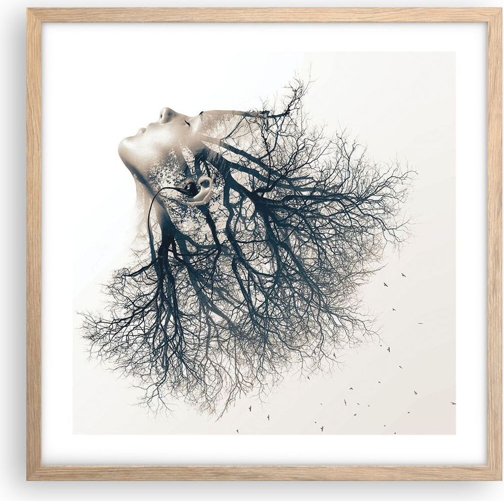 Gerahmtes Poster - Rahmen in heller Eiche - Mädchen Baum Grafik - 50x50 cm - Wand Bild - Wanddeko - Wandbilder - Wandposter - Bilderrahmen - Bilde...